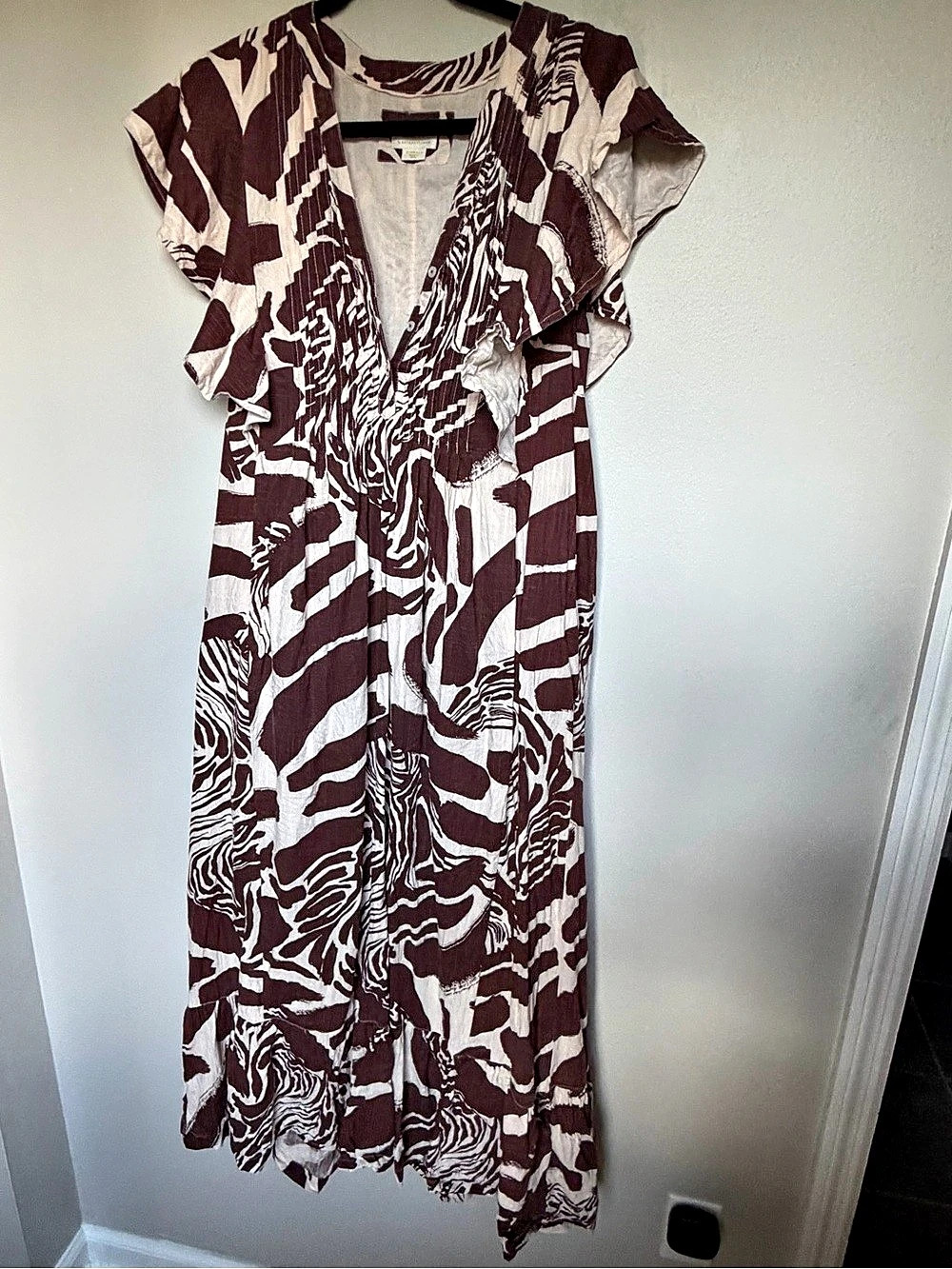 Maeve by Anthropologie The Cassandra Pintucked Maxi Dress Brown & White XS